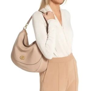 Coach Polished Pebble Leather Shoulder Hobo Crossbody Bag Taupe